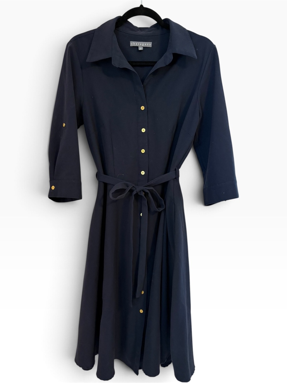 Sharagano Navy Shirt Dress with Gold Buttons and Waist Tie